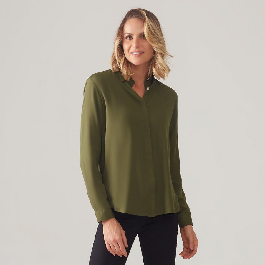 Feminino Basico.com Manga Longa | Camisa Viscose Feminina - Verde Militar