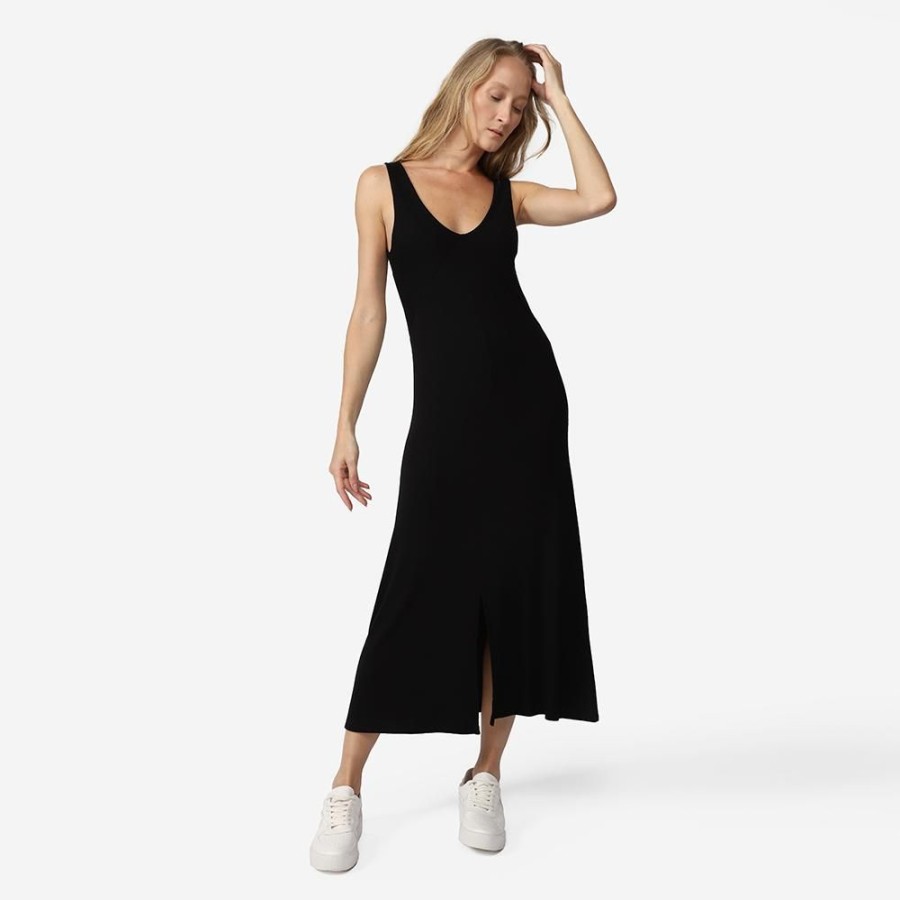 Feminino Basico.com Vestidos | Vestido Midi Canelado Viscose Reto - Preto