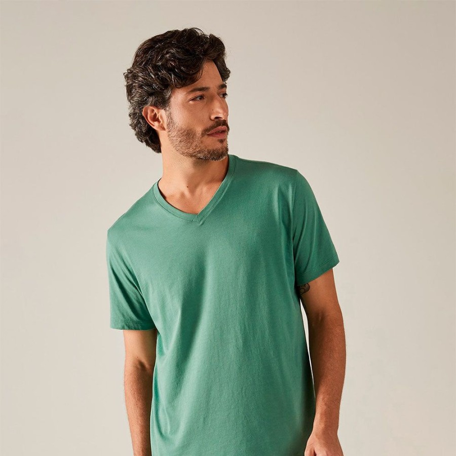 Masculino Basico.com Manga Curta | Camiseta Algodao Pima Gola V Masculina | Life T-Shirt - Menta