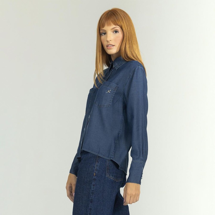 Feminino Ao Denim Manga Longa | Camisa Mar Confort - Indigo Escuro