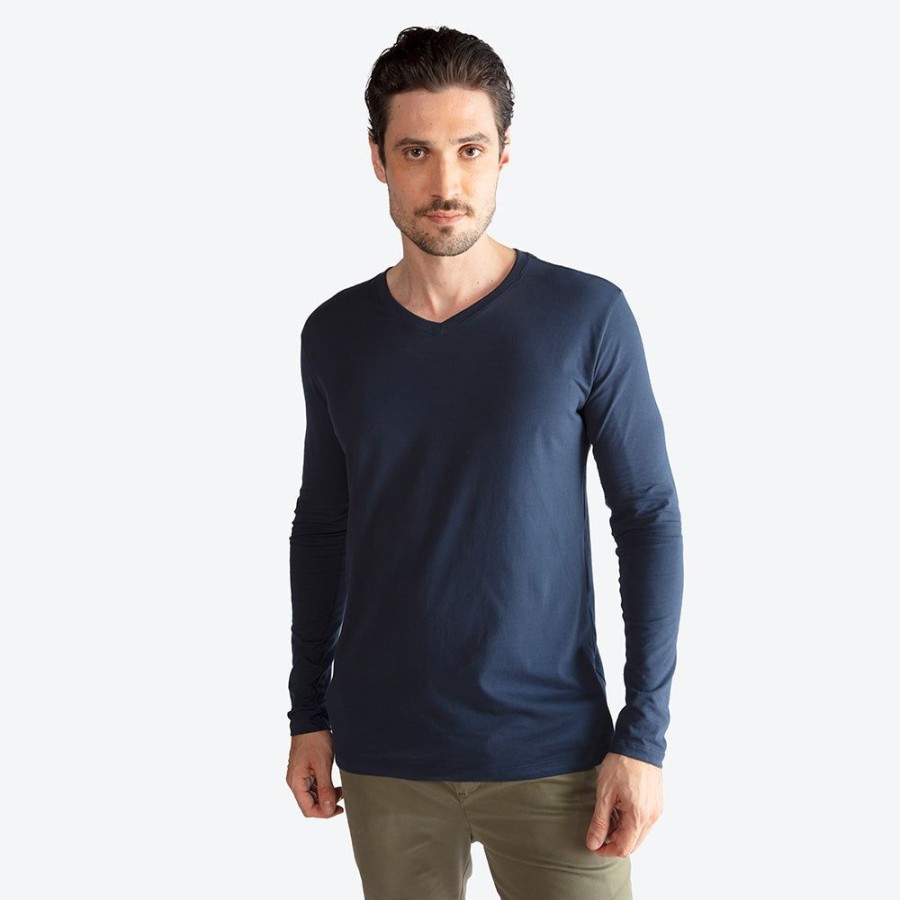 Masculino Basico.com Manga Longa | Camiseta Perfeita Pima Manga Longa Gola V Masculina - Azul Marinho