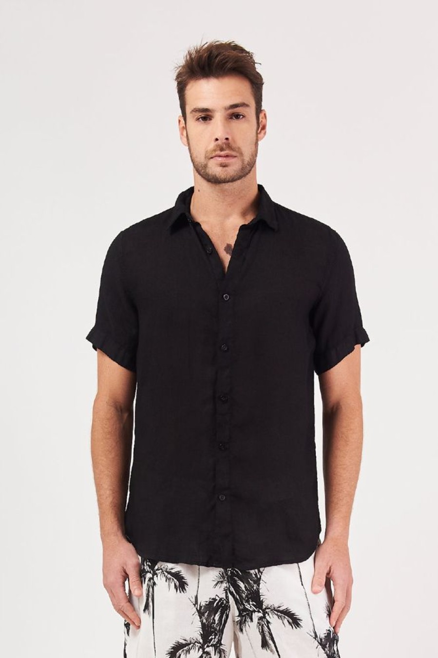 Masculino Kour Manga Curta | Camisa Linho Manga Curta - Preto