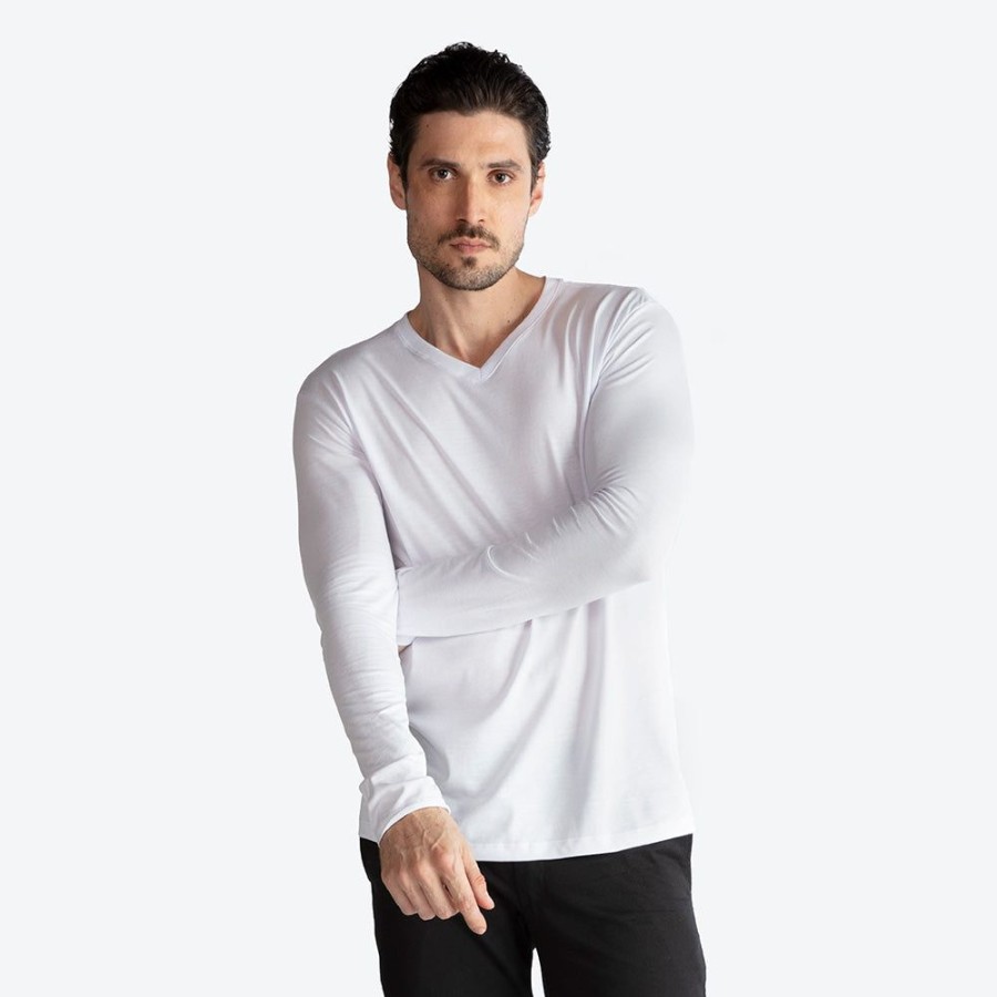 Masculino Basico.com Manga Longa | Camiseta Perfeita Pima Manga Longa Gola V Masculina - Branco