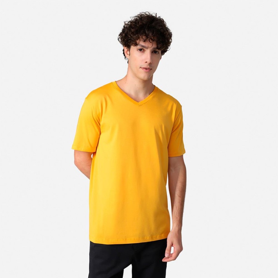 Masculino Basico.com Manga Curta | Camiseta Algodao Pima Gola V Masculina | Life T-Shirt - Amarelo Sol