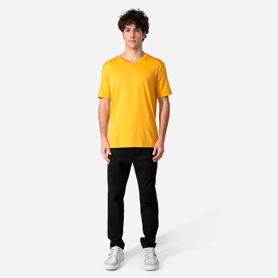 Masculino Basico.com Manga Curta | Camiseta Algodao Pima Gola V Masculina | Life T-Shirt - Amarelo Sol