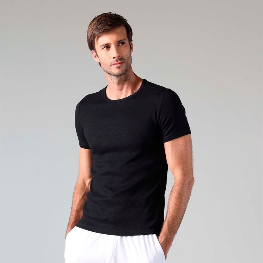 Masculino Basico.com Manga Curta | Camiseta Confort Canelada Masculina - Preto