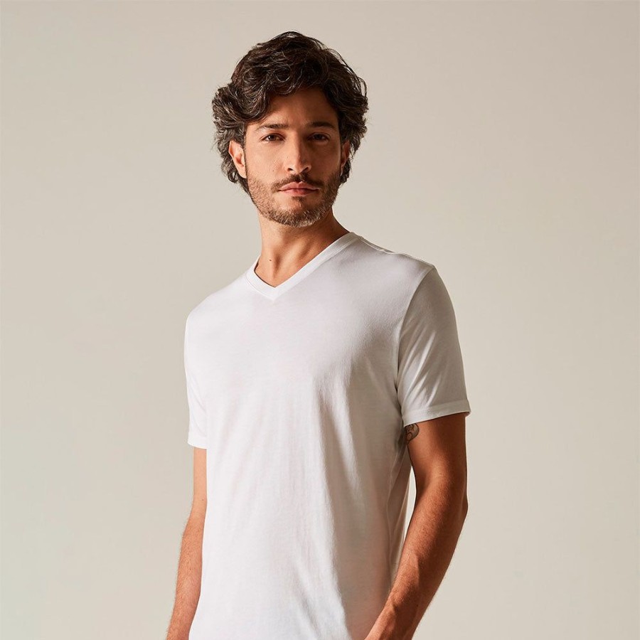 Masculino Basico.com Manga Curta | Camiseta Algodao Pima Gola V Masculina | Life T-Shirt - Branco Marfim