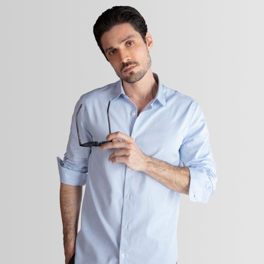 Masculino Basico.com Manga Longa | Camisa Algodao Oxford Masculina - Azul