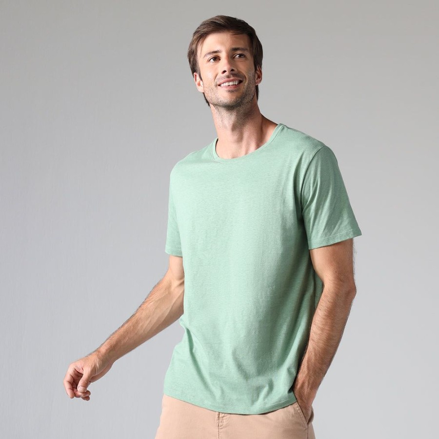 Masculino Basico.com Manga Curta | Camiseta Malha Linho Masculina - Verde Oliva