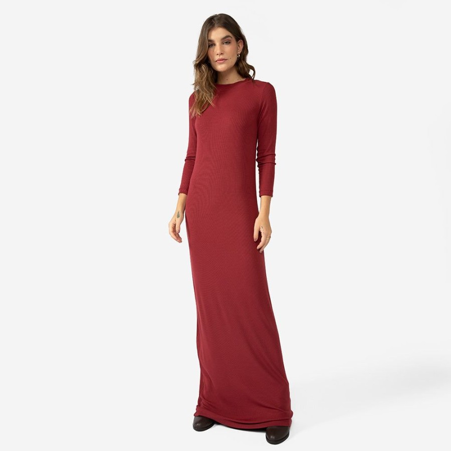 Feminino Basico.com Vestidos | Vestido Longo Canelado Viscose - Marsala