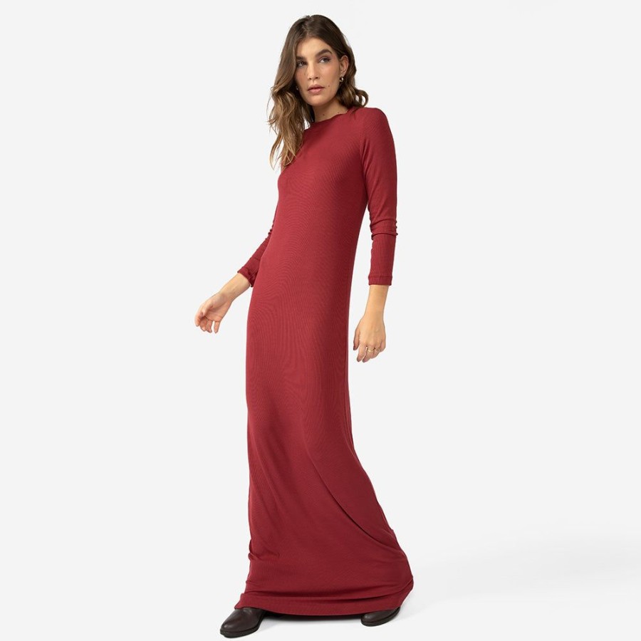 Feminino Basico.com Vestidos | Vestido Longo Canelado Viscose - Marsala