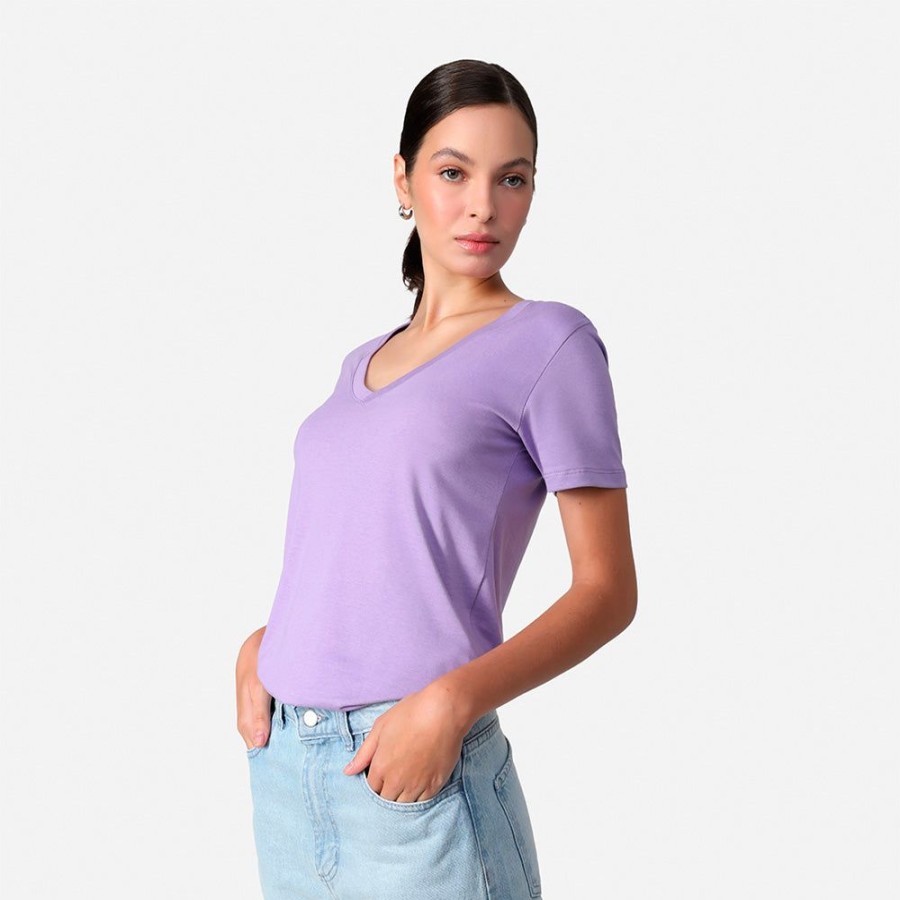 Feminino Basico.com Manga Curta | Camiseta Algodao Pima Gola V Feminina | Life T-Shirt - Lilas