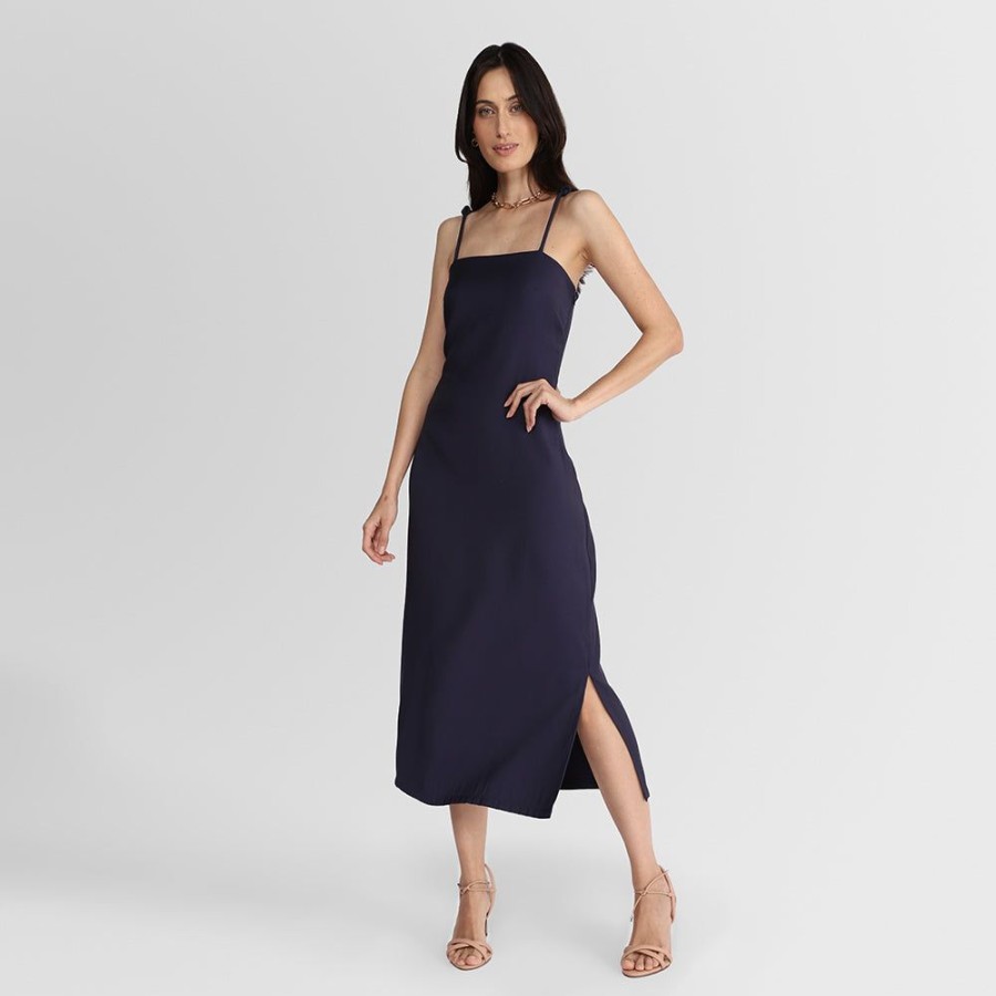 Feminino Basico.com Vestidos | Vestido Midi Alcas No - Azul Marinho