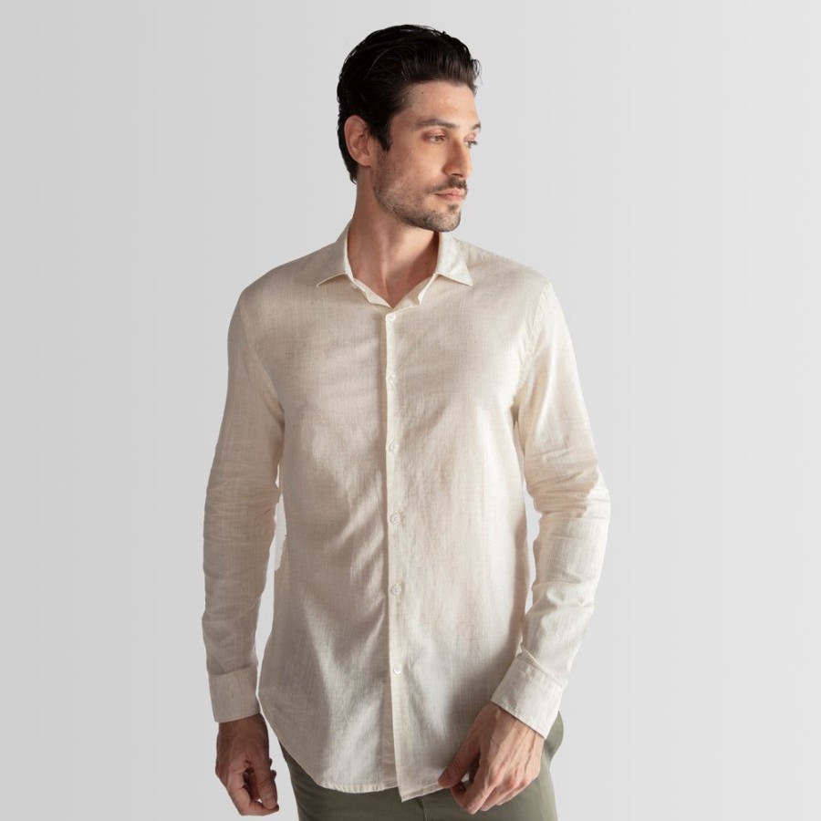 Masculino Basico.com Manga Longa | Camisa Linho Com Modal Masculina - Off White