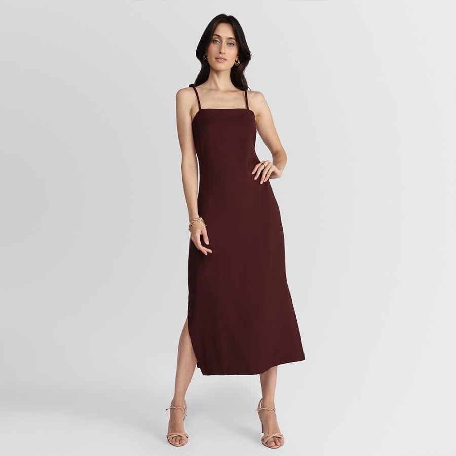 Feminino Basico.com Vestidos | Vestido Midi Alcas No - Vermelho Vinho