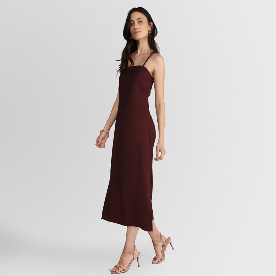 Feminino Basico.com Vestidos | Vestido Midi Alcas No - Vermelho Vinho