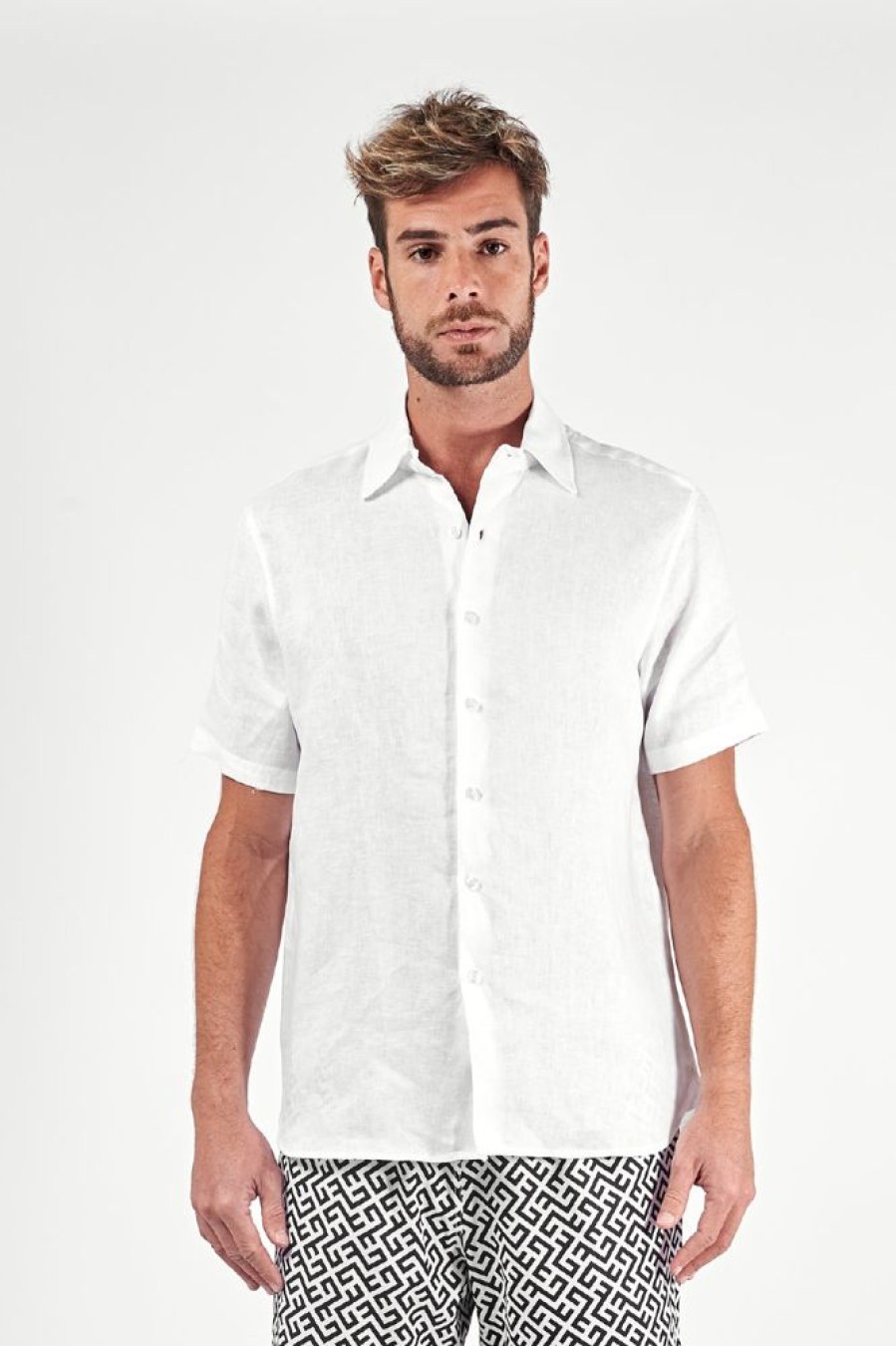 Masculino Kour Manga Curta | Camisa Linho Manga Curta - Branco