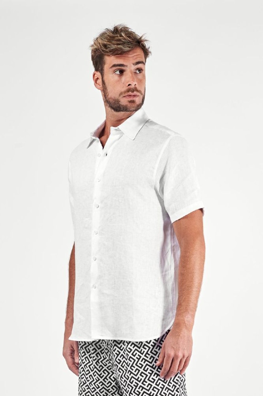 Masculino Kour Manga Curta | Camisa Linho Manga Curta - Branco