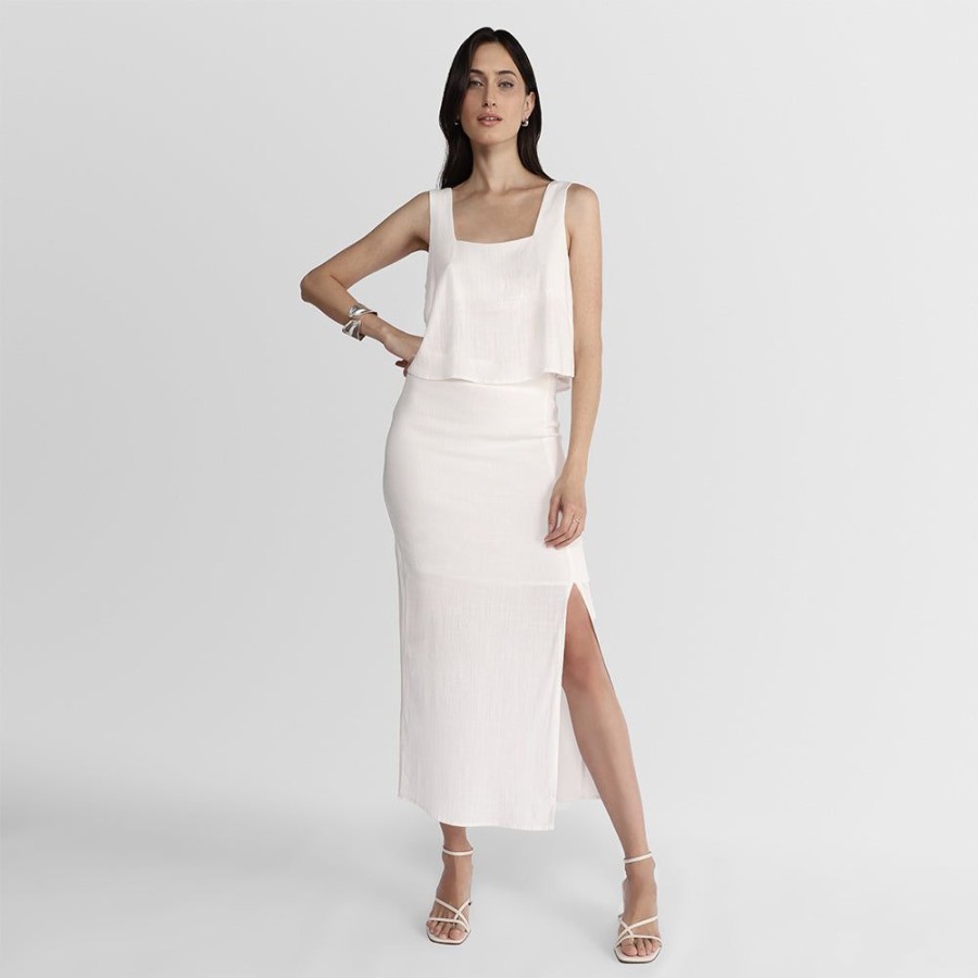 Feminino Basico.com Saias | Saia Midi Com Fenda Viscose - Branco