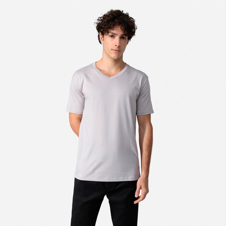 Masculino Basico.com Manga Curta | Camiseta Algodao Pima Gola V Masculina | Life T-Shirt - Cinza Claro