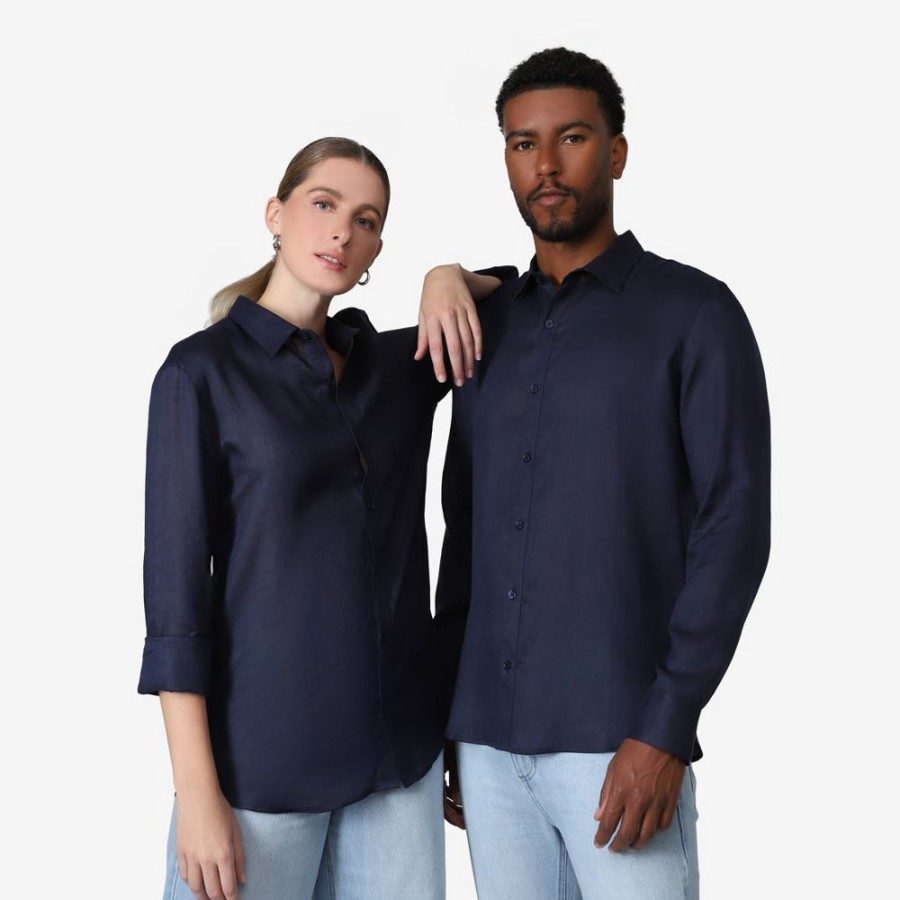 Feminino Basico.com Manga Longa | Camisa Linho Manga Longa Unissex - Azul Marinho